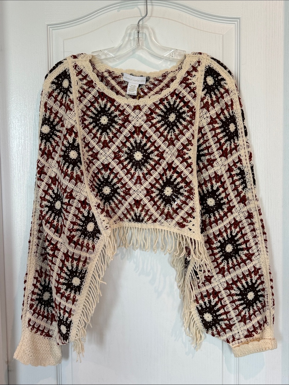 NWT - House of Harlow 1960 Crochet Fringe Poncho - Cream, Black, Burgundy